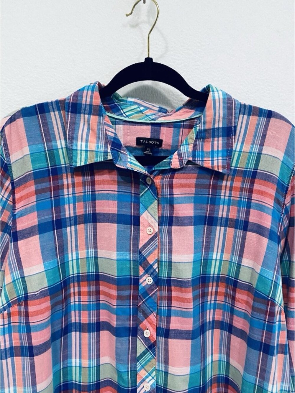 Talbots Top Womens XL Plaid Madras Cotton Button Up Long Sleeve Preppy Beachy - Picture 3 of 7